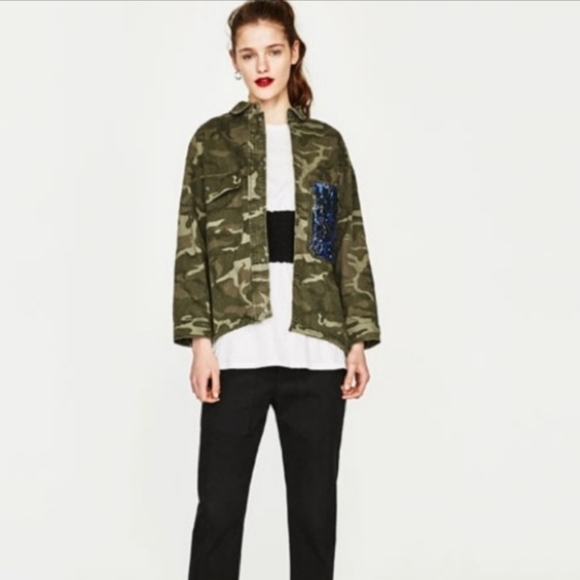 ZARA Camo Sequin Beaded Birds Jacket - Picture 2 of 16